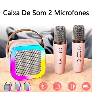 Caixa de Som Bluetooth com 2 Microfones – Karaokê em Casa Portátil com Luzes LED Coloridas e Alça em Oferta na Shopee