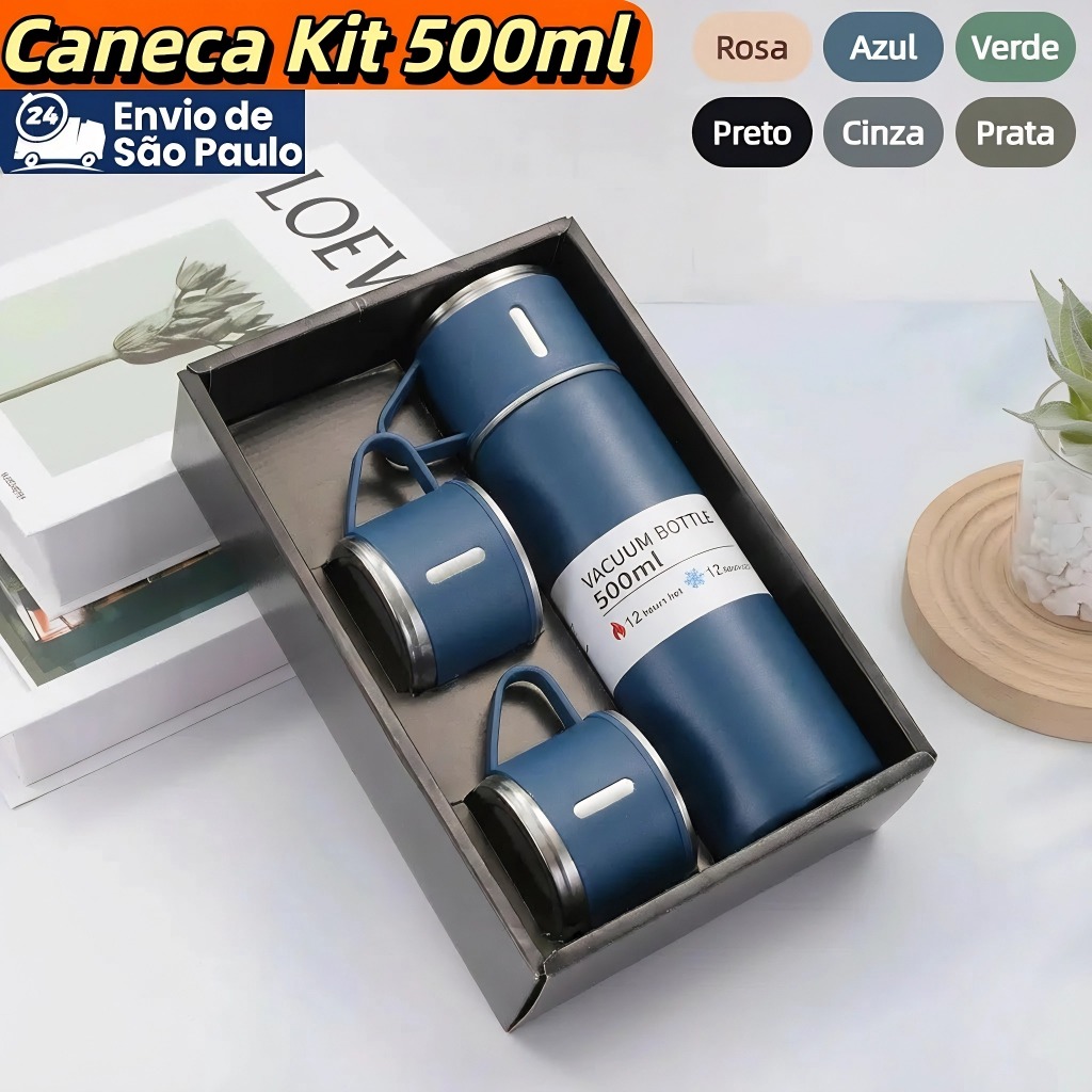 Garrafa Térmica Kit 500ml Vacuum Bottle Inox + 3 Xícaras Beb