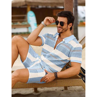 Conjunto de blusa polo de manga curta de crochê e suéter com botões frontais e shortsmalha de outono