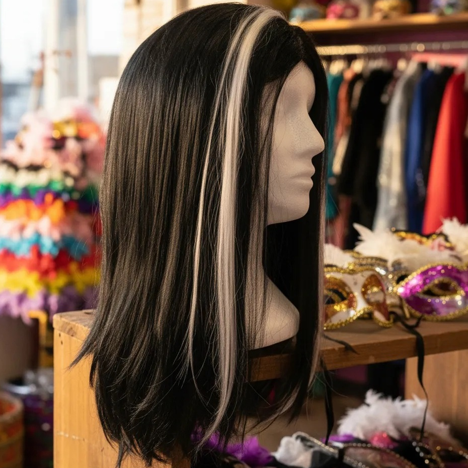 PERUCA LONGA LISA PRETA COM MECHAS BRANCAS HIPERFESTA