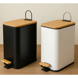 Lixeira Multiuso em Aço com Tampa de Bambu e Pedal Grande para Casa Cozinha Banheiro