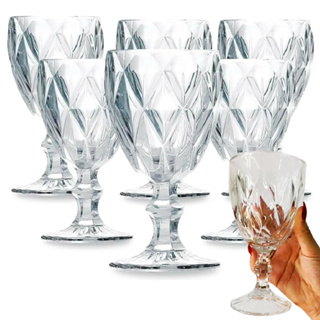Jogo 6 Taças Diamante de Vidro Transparente Bico de Jaca Abacaxi 340ml Taça Suco Vinho Luxo Gourmet
