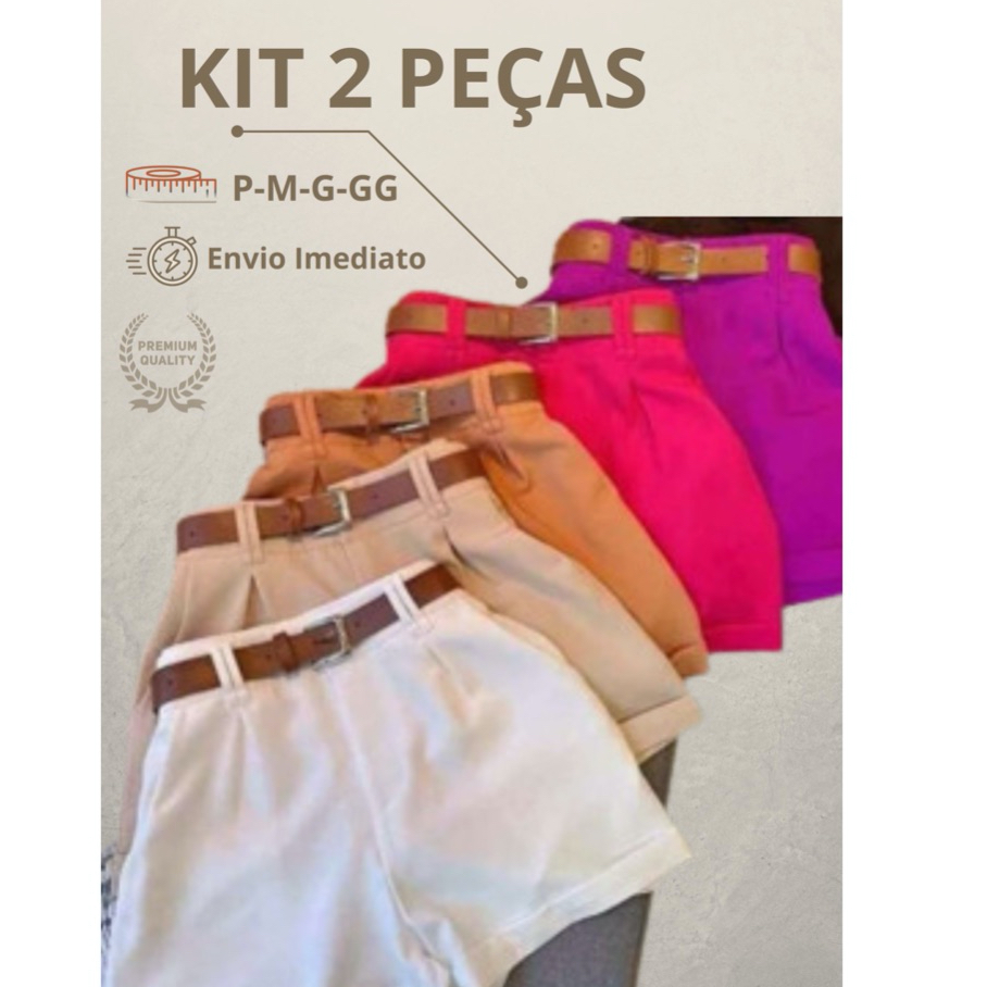 Kit 2 Shorts Feminino Alfaiataria Com Cinto Cintura Alta Disfarça Barriga Envio Imediato