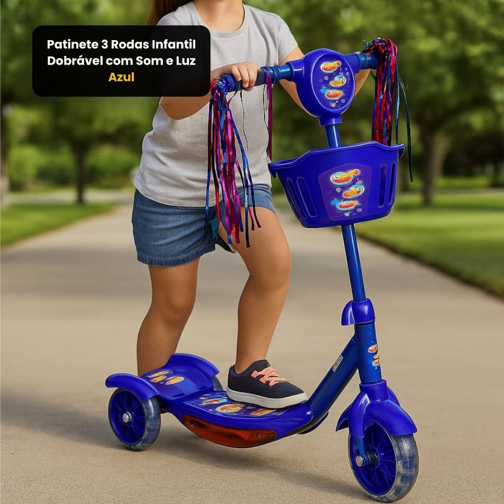Patinete 3 Rodas Infantil Dobrável com Som e Luz - Azul e Rosa Indicado ...