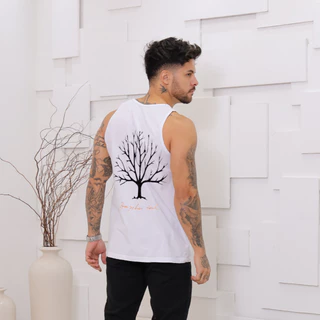 Regata cavada normal estampada masculino verão com costura malha lavada estonada