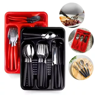 Jogo de Talheres Aço Inox 25 Peças Cabo Garfo Faca Colher Conjunto Premium Com Suporte Gaveteiro