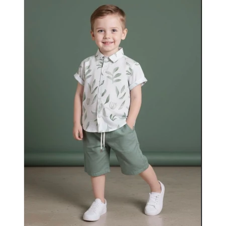 Conjunto social infantil menino camisa em linho cru bermuda em begaline
