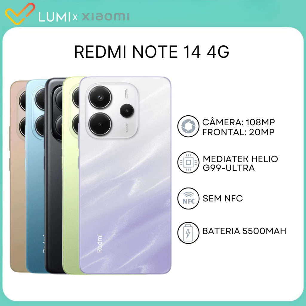 Xiaomi Redmi Note 14 4G 256GB 8GB RAM 128GB 6GB RAM Câmera 108MP Processador Helio G99 Ultra Versão Global
