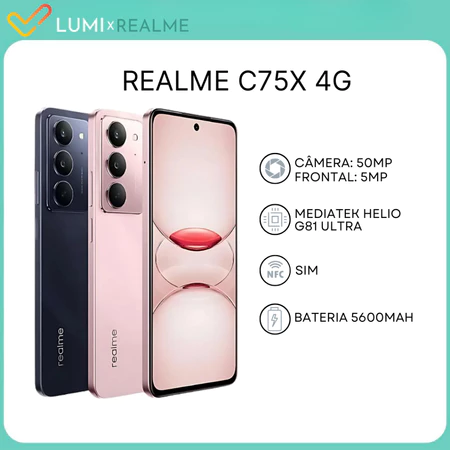 Realme C75x 4G 128GB 6GB RAM 256GB 8GB RAM Câmera 50MP Processador Mediatek Hélio G81 Ultra Versão Global Novo