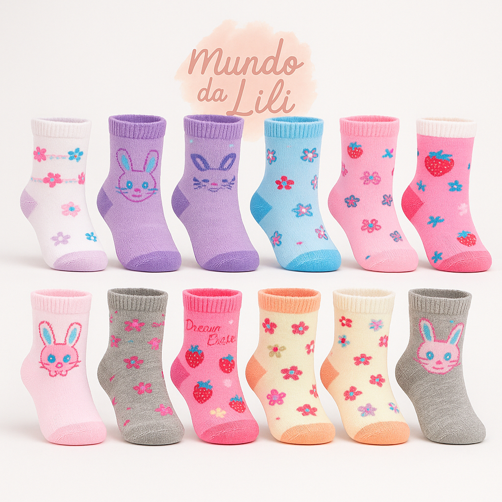 Kits Até 24 Pares Meias Infantil Feminina Bebê Menina Estampadas Conforto Crianças 0 a 12 anos RN | Shopee Brasil