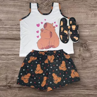 kit 1 short doll regata INFANTIL+ 1 pantufa verao personagens blogueira capivara de dormir pijama feminino INFANTIL JTB em Oferta na Shopee
