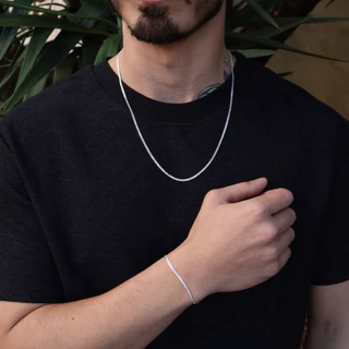 Corrente + Pulseira Masculina Fininha Aço Inox Prata Brilhante Não Escurece Enferruja Colar Cordão
