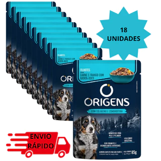 18 Sachê 85g Origens Cães Sabor Carne e Frango com Batata Doce Todos os Portes Premium Adimax