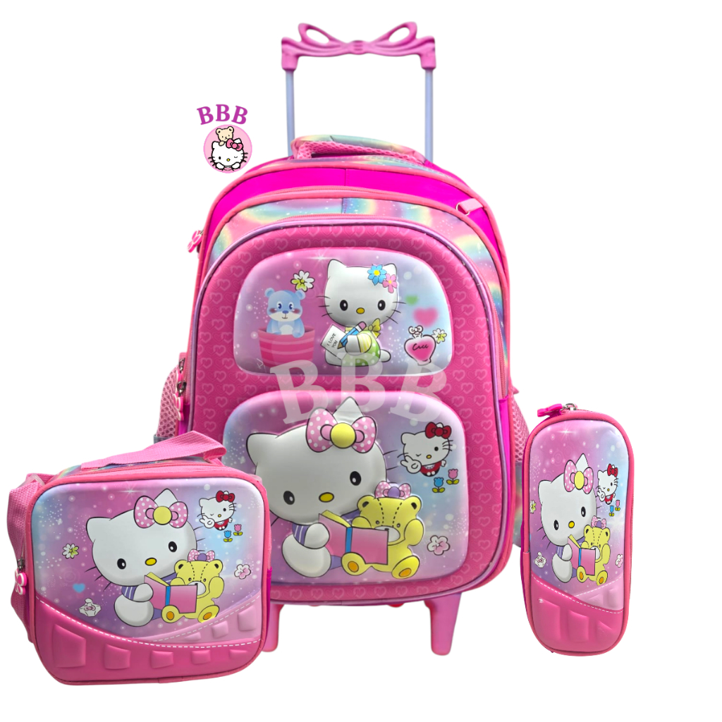 🎀 Kit mochila com rodinhas Escolar Hello Kitty 3D + Lancheira + Estojo ...