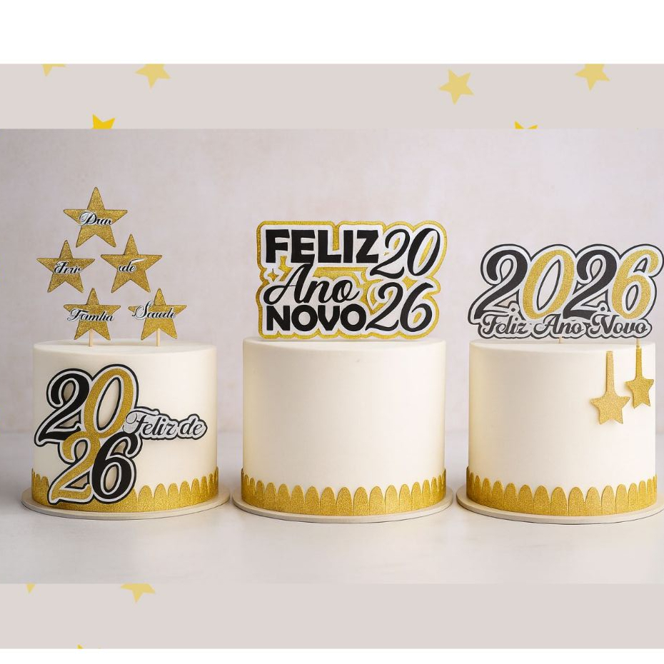 Topo de bolo Feliz 2026 - Topo de bolo Feliz Ano Novo- Topper de bolo ...