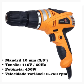 Furadeira e Parafusadeira Elétrica 450W 3/8 - Mandril 10 mm, 110V