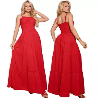 Vestido Longo Feminino com Lastex nas Costas e Alça Regulável Estilo Romântico Caimento Encantador em Oferta na Shopee