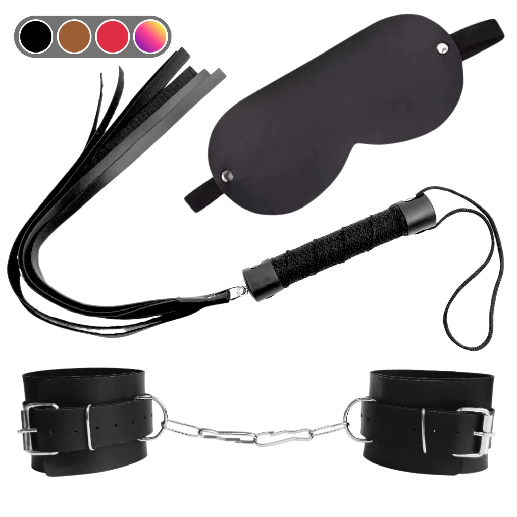 Kit Venda, Látigo de 40 cm y Esposas Reforzadas de Cuero Sintético BDSM - FETICHE - SADO -