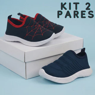 Kit 2 Tênis Infantil Calce Fácil Menino Preto e Azul Marinho Antiderrapante em Oferta na Shopee