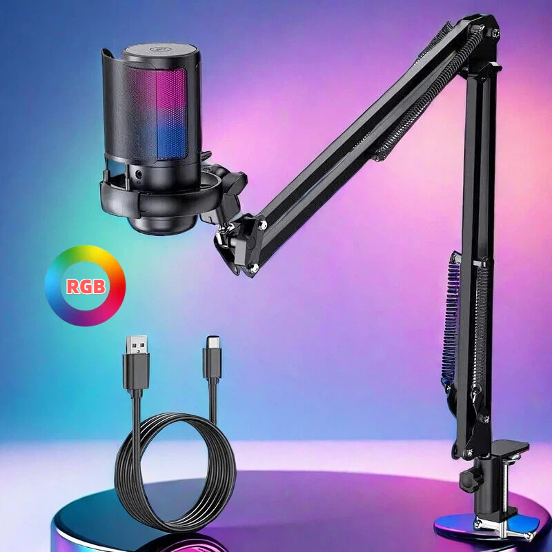 Microfone Gamer Pc Condensador Rgb Com Braço Articulado suporte ...