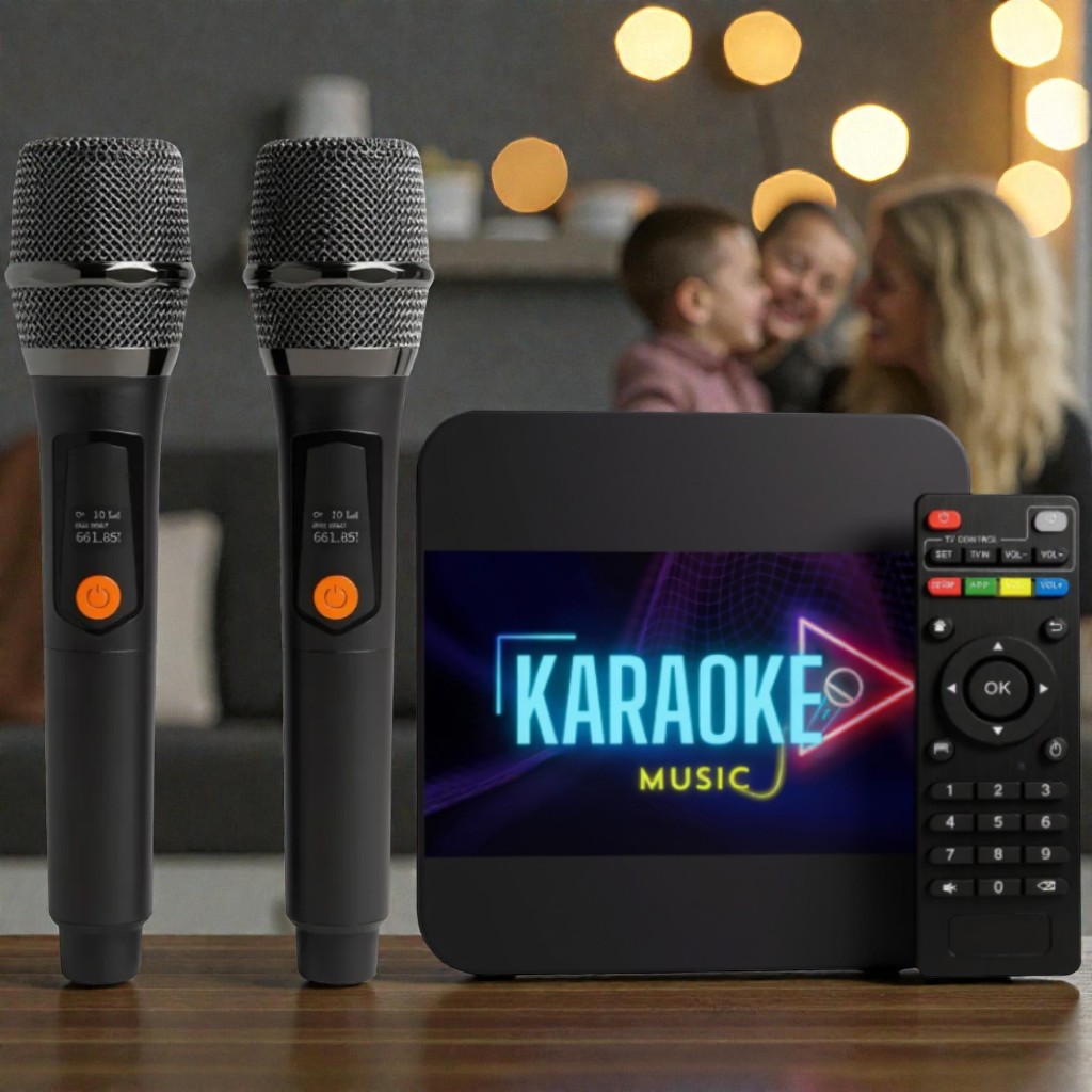 Karaokê Aparelho Bluetooth 128GB 4K para TV + 2 Microfones Sem Fio + 18 ...