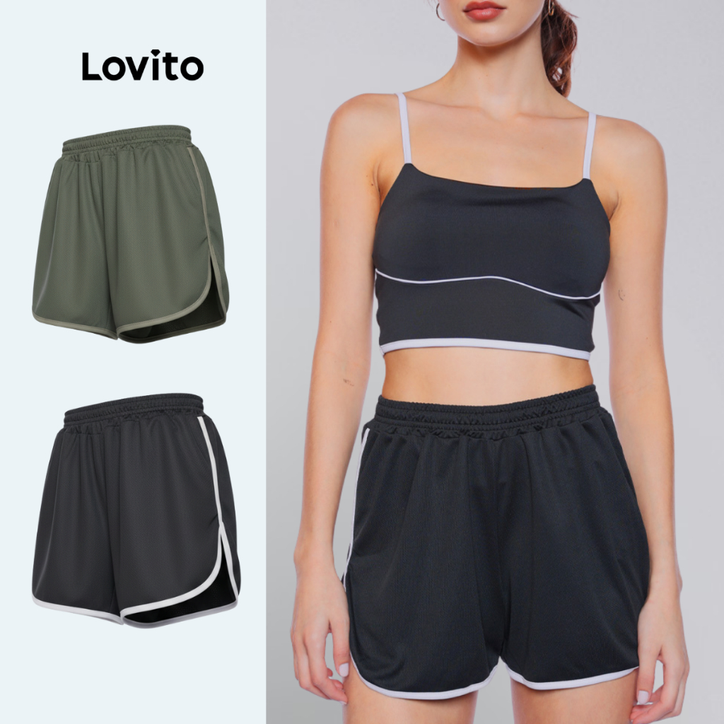 Lovito Shorts Curto Preto e Branco Academia Esportivo Feminino LB1280BRL1310