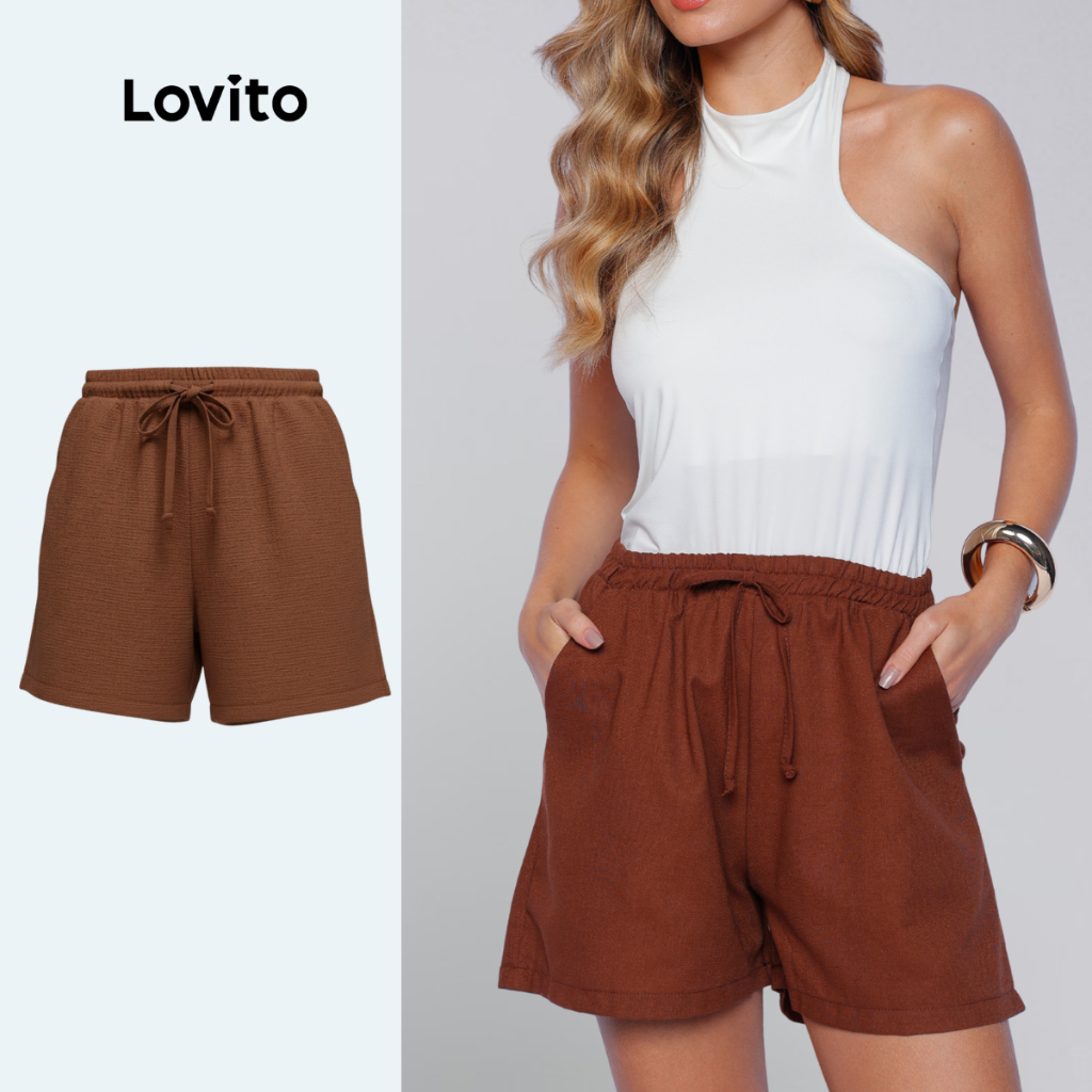 Lovito Shorts de Linho Alfaiataria Curto Com Bolsos com Elástico na Cintura LB1294BRL1324