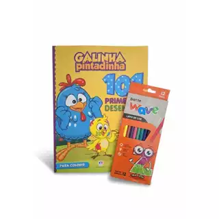 Kit Criativo Infantil – Livro 101 Primeiros Desenhos + Caixa de 12 Lápis de Cor – Galinha Pintadinha ou Patrulha Canina