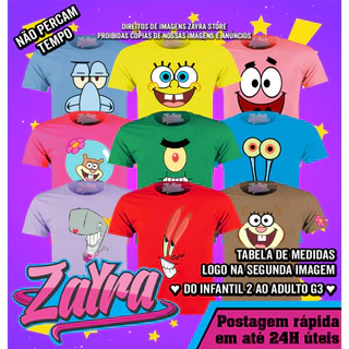 Camisetas Originais Zayra Store - Bob Esponja PT1 (Do Infantil 2 ao Adulto G3) 100 % Algodão Cores Vivas