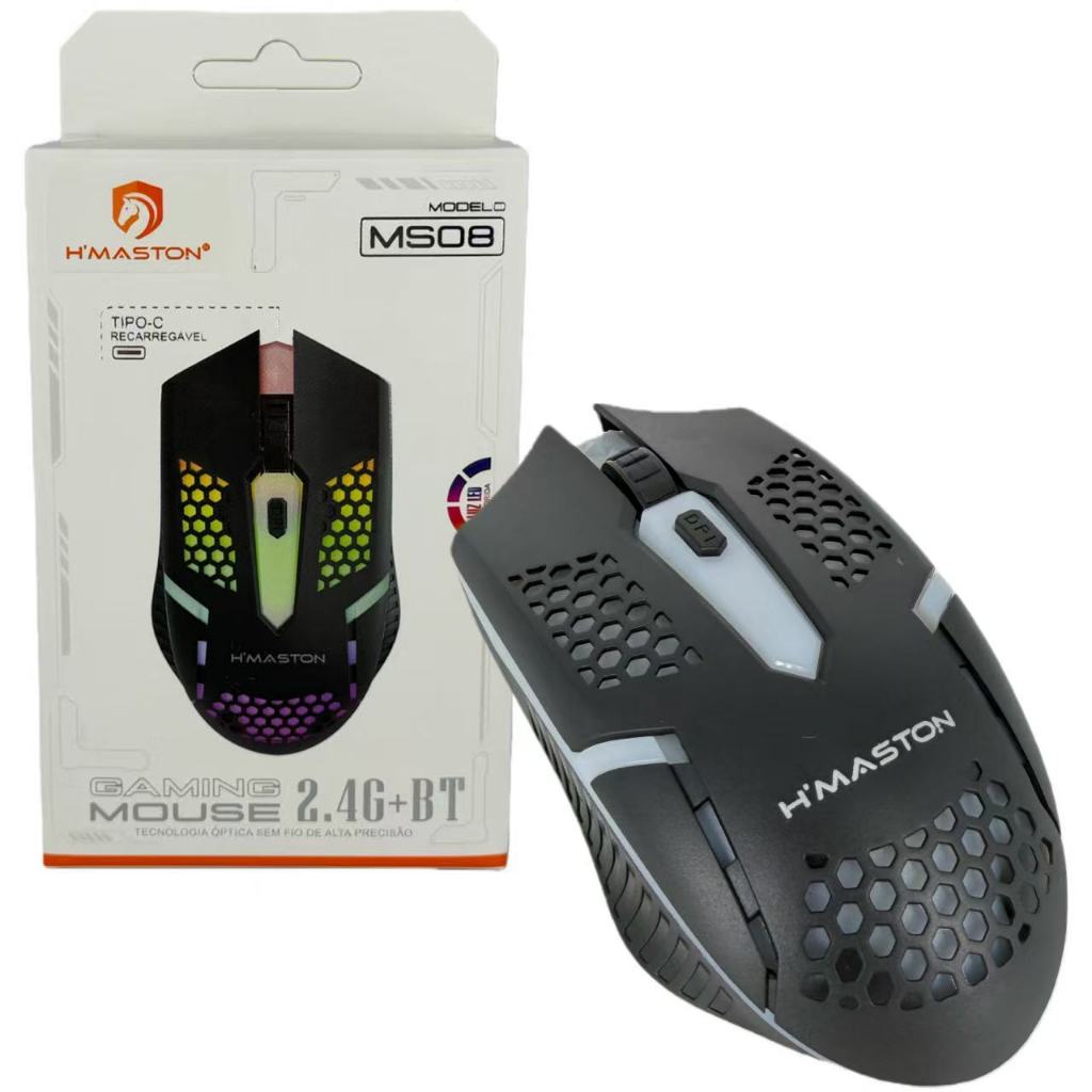 Mouse Gamer H’Maston MS08 Sem Fio 2.4G Ou Bluetooth RGB Recarregável ...