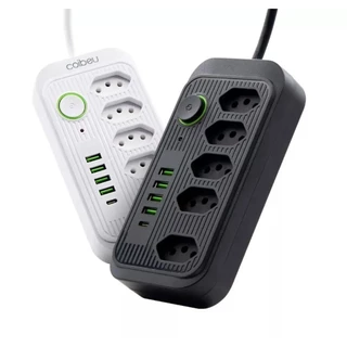 filtro de linha extensão de 2 metros com 5 tomadas 4 usb e 1 entrada tipo-c