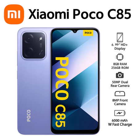 Smartphone Xiaomi POCO C85 em lilás com detalhes do aparelho e especificações técnicas