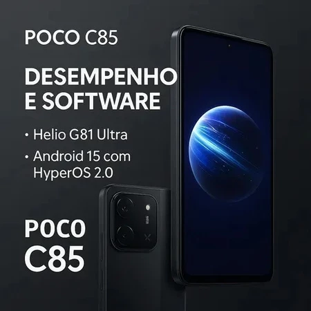 Dois smartphones POCO C85 em preto, um com a tela acesa mostrando o planeta Saturno