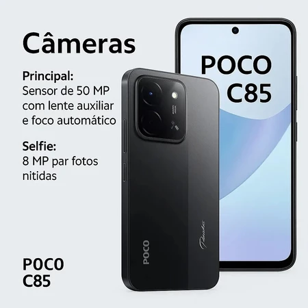 Smartphone POCO C85 preto com detalhes das câmeras de 50MP e 8MP