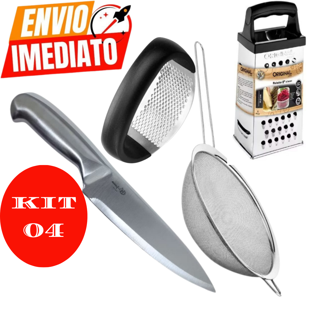 kit jogo 04 OU 02 UND faca inox peneira ralador amassador de alho ...