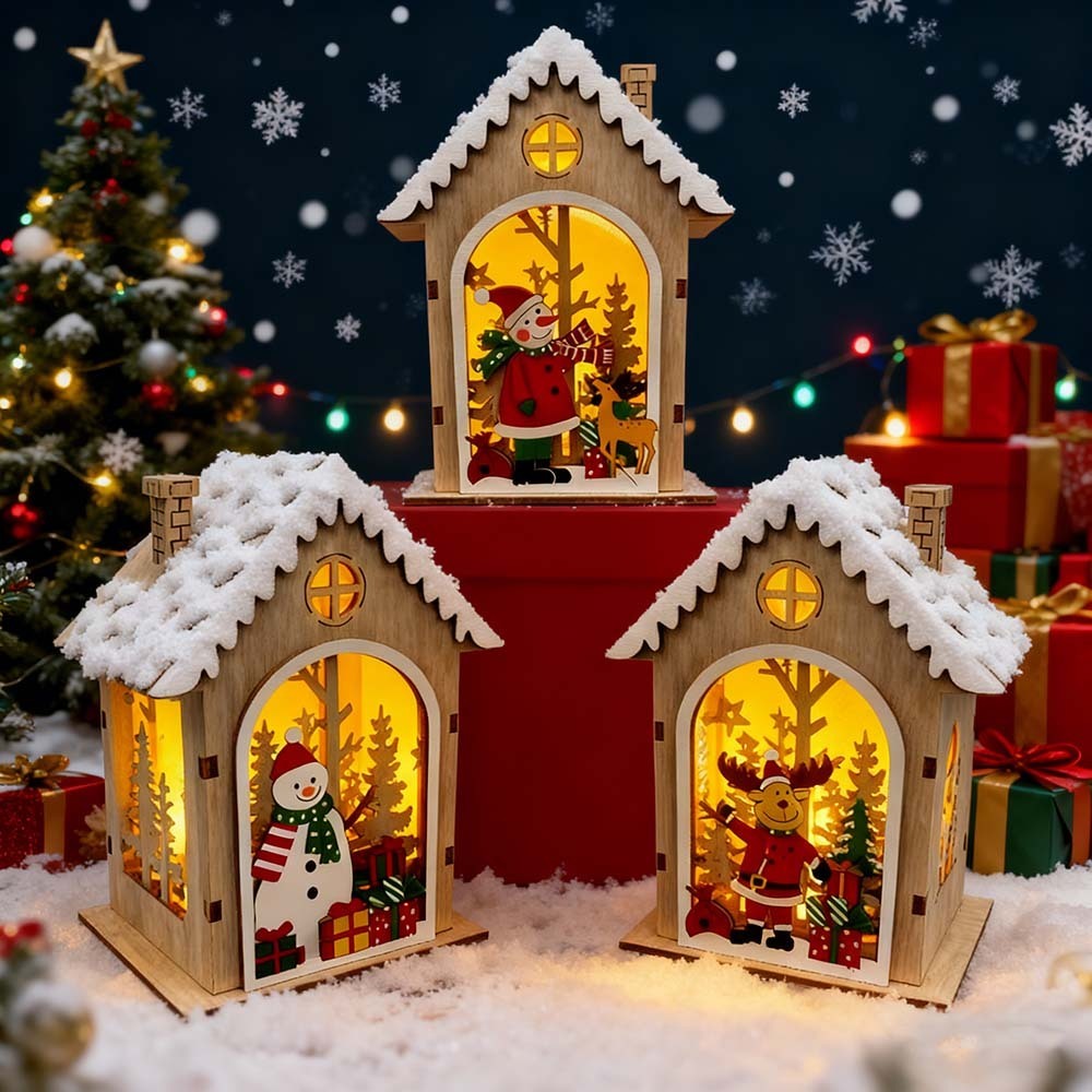 Enfeite de Natal - Casinha de Natal Iluminada com rena e árvore ...