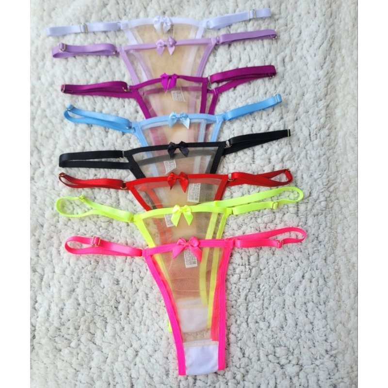 Kit com 5 Calcinha Fio Dental Tule transparente invisível Neon fri ...