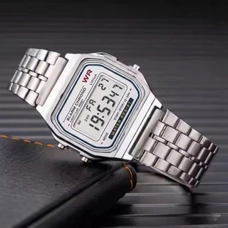 Relógio Digital LED Prata Unissex Masculino Feminino Retrô Quadrado Fashion Pulseira Aço Inox