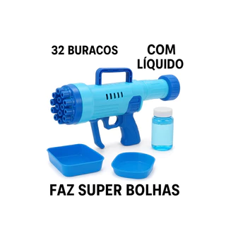 Bazuca de Bolhas 32 Jatos + Líquido | Lança Bolhas Elétrico Infantil Azul/Rosa