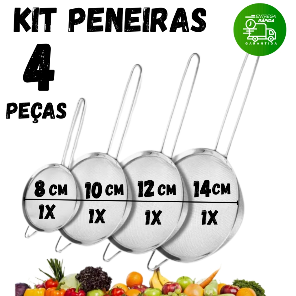 Kit 4 Peneira Coador Manual Em Aço Inox Para Cozinha Restaur
