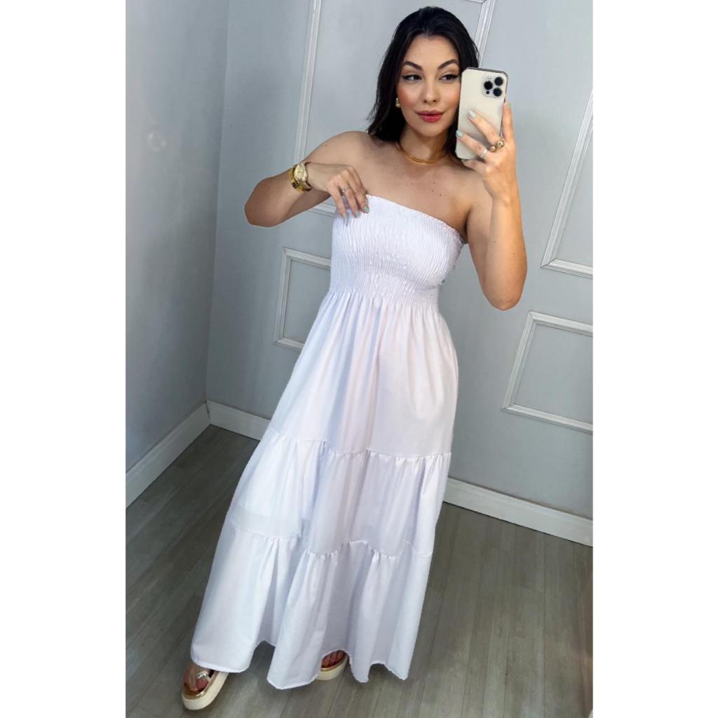Vestido Longo Sem Alça Com Laxtex Tendencia Moda Blogueira No Crepe ...