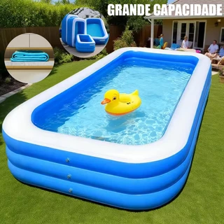 Piscina inflável Retangular PVC Azul Familiar Resistente 150/180/210/260/305 cm Infantil e Adulto