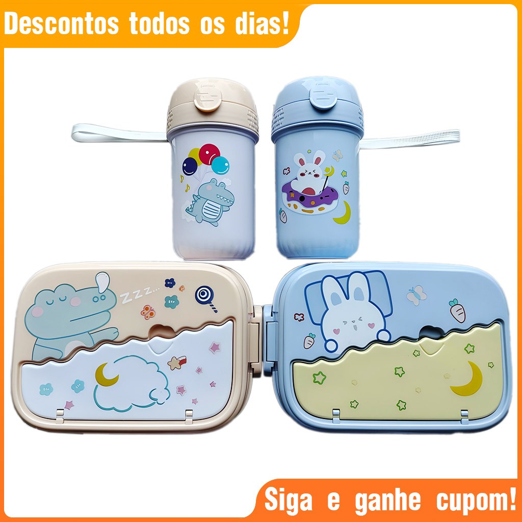 Kit Lancheira Escolar com Marmita Infantil Talheres e Garrafa 400ml com Canudo