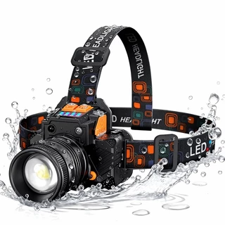 Lanterna de cabeça c/ zoom, sensor gestual, IPX4, 900 lúmens, USB recarregável e power bank