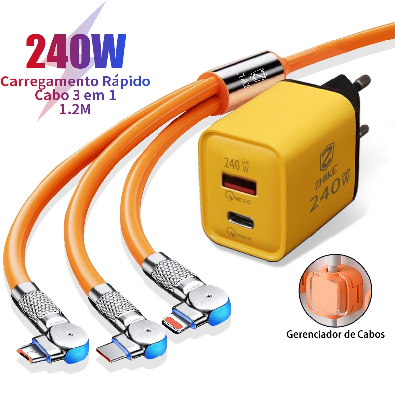Cabo Carregador Rápido 3 em 1 USB-A Para Tipo C V8 1,2 Metro Silicone ...