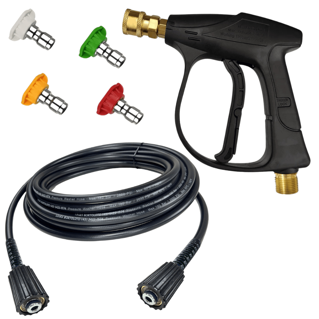 Kit Bico Curto Colorido + Mangueira Engate Rápido c/ Pistola p/ Lavadora Wap, Karcher e Electrolux