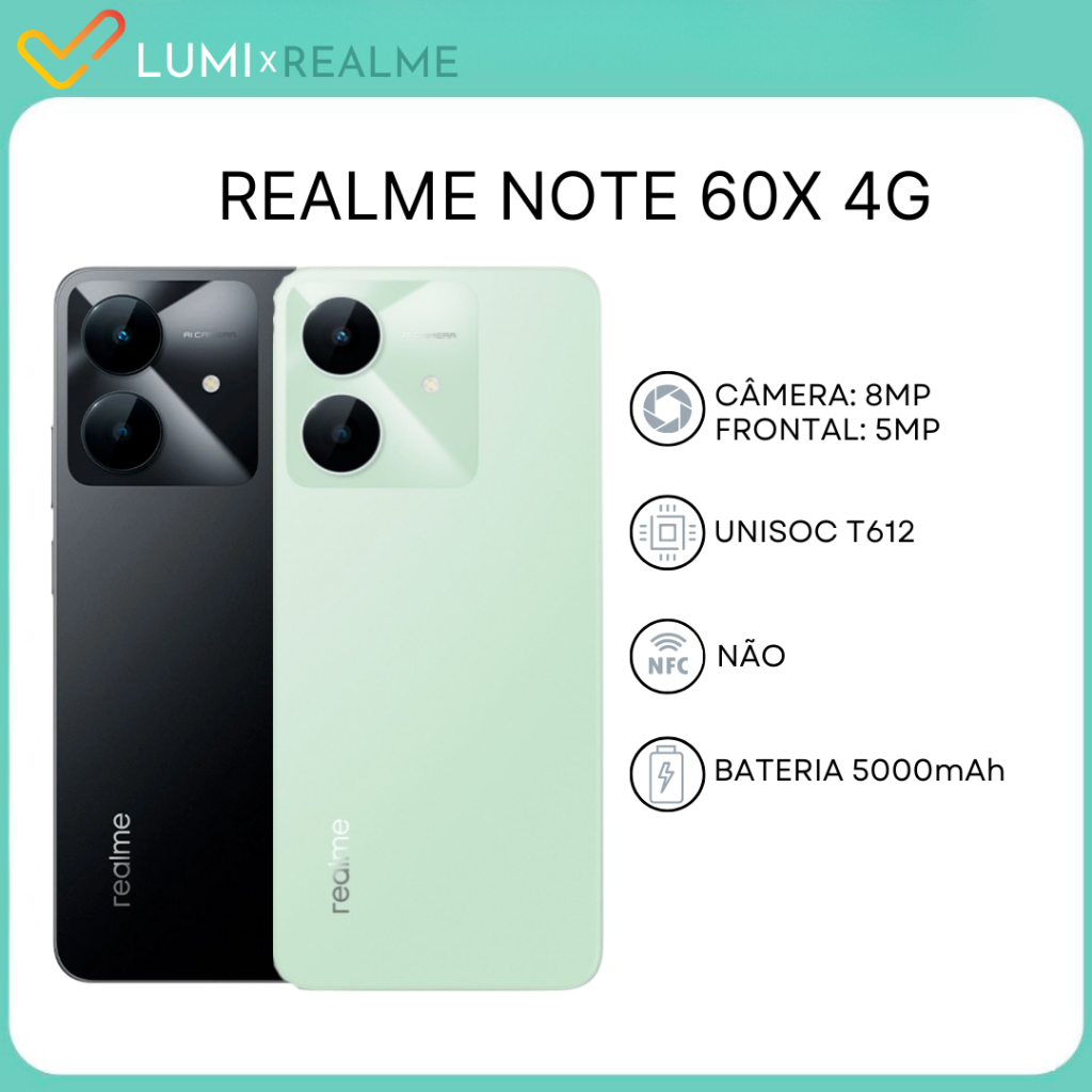 Realme Note 60X 4G, Memória 64GB/3GB RAM, 128GB/4GB RAM