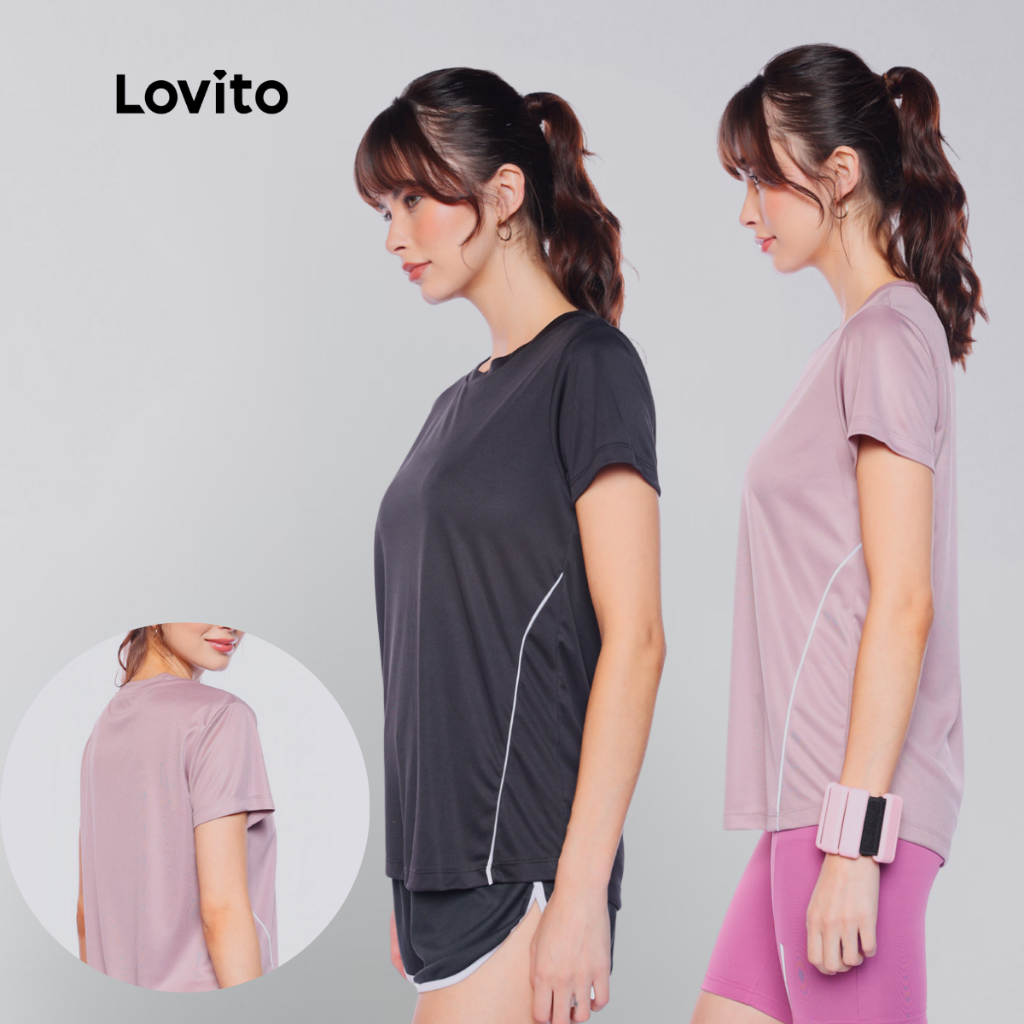 Lovito T-shirt Preta Academia Com Friso Contraste Manga Curta Esportiva Feminina LB14841514