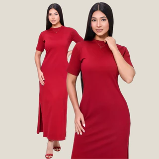 Vestido Feminino Longo em Algodão com Bolso Real, Fenda Lateral e Manga Curta
