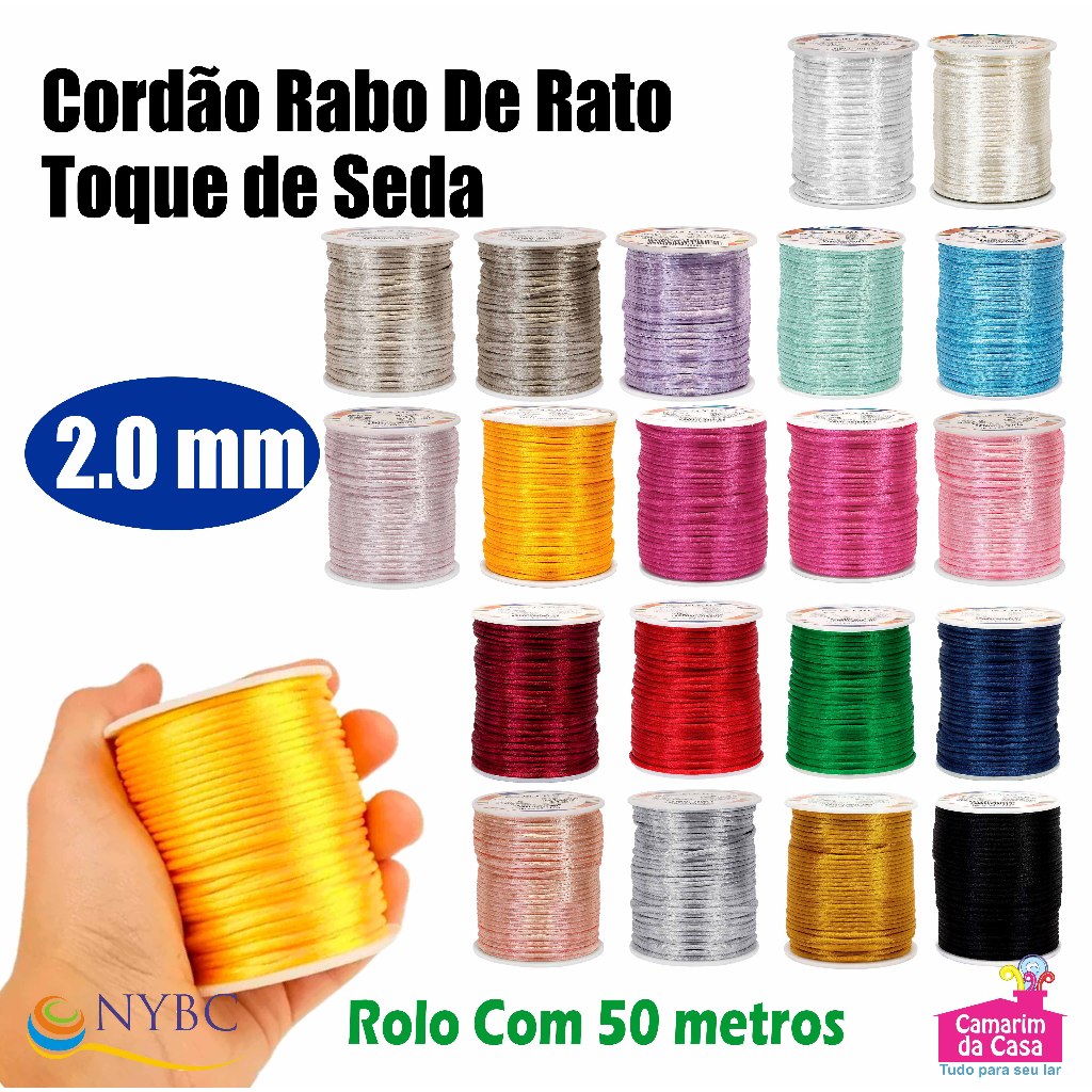 Cordão Rabo de Rato Fio de Cetim Espessura 2mm Rolo com 50 metros ...